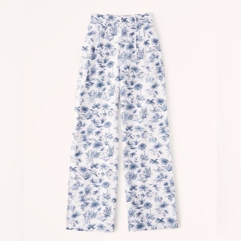 Abercrombie Tailored Linen-Blend Wide Leg Pants Tropical Palm Print Blue White S